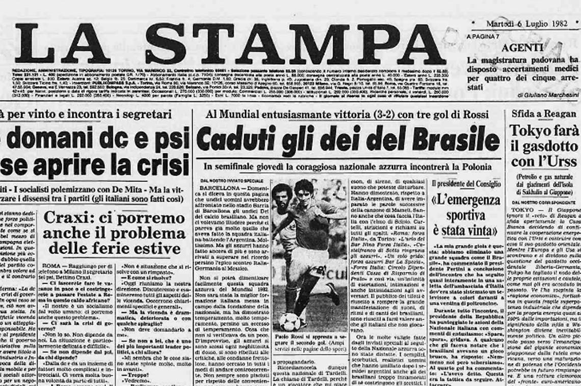 6 luglio 1982: La Stampa celebra la vittoria sul Brasile e la tripletta di Paolo Rossi