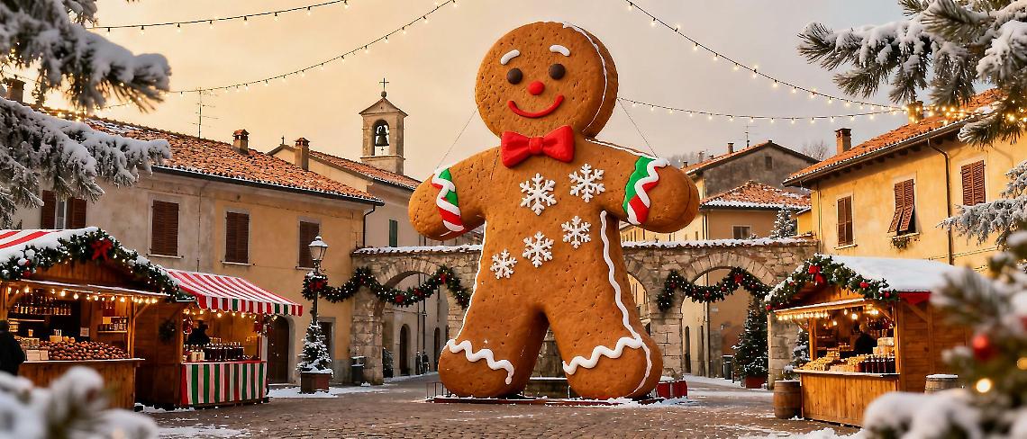 Un omino di pan di zenzero gigante accende il Natale in paese