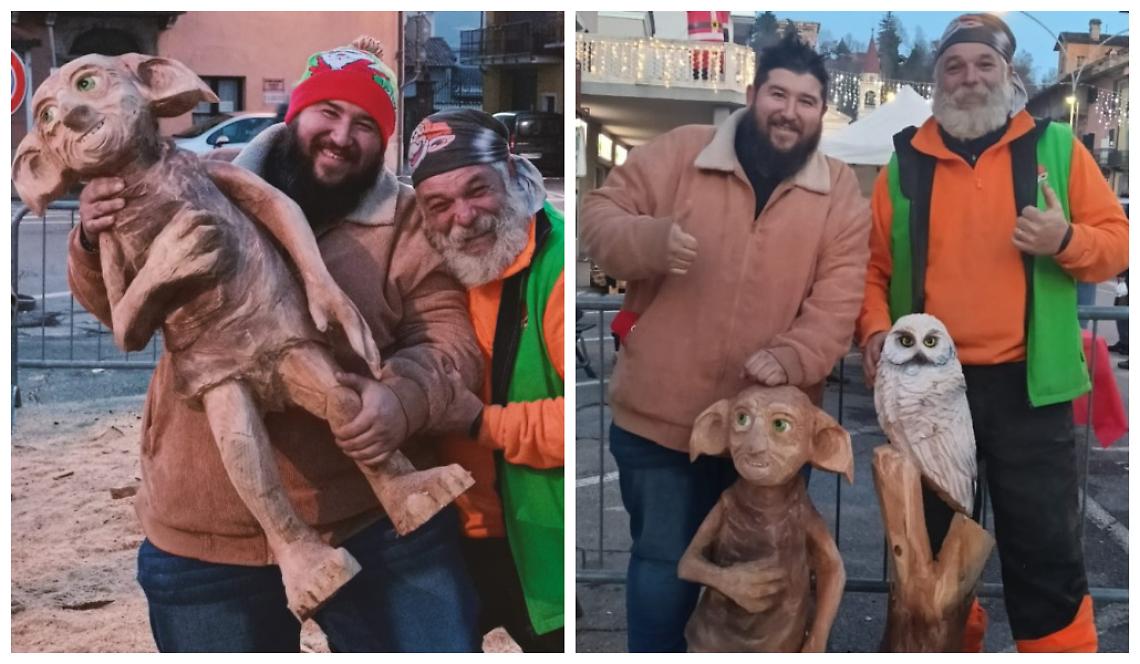 Magia di Hogwarts: due tronchi di legno diventano l'elfo Dobby e la civetta Edvige