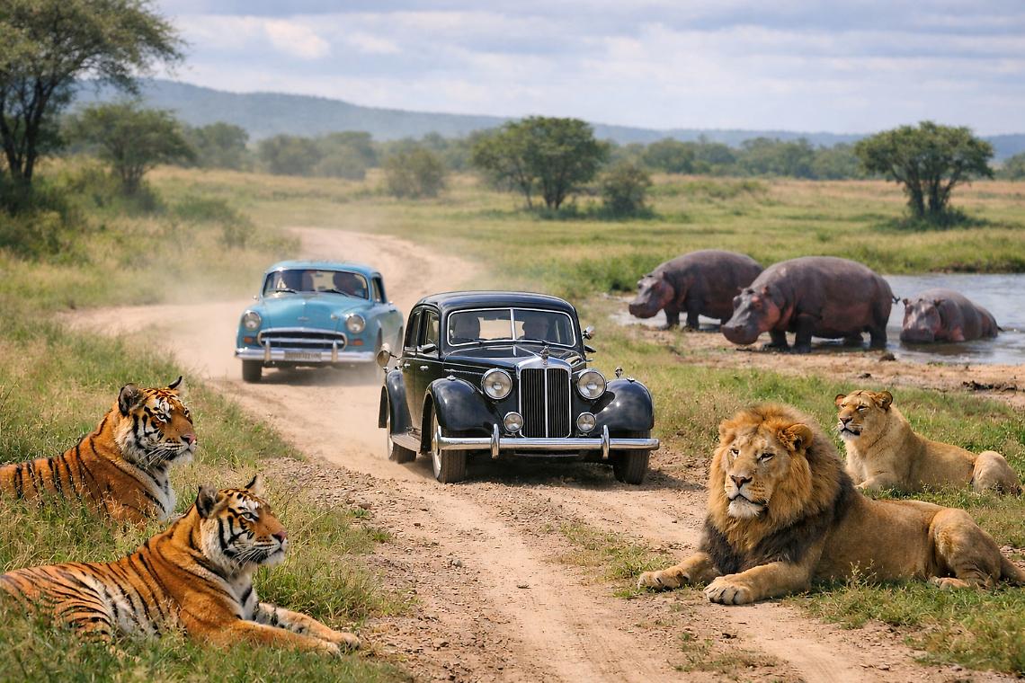 Un viaggio con le auto d&rsquo;epoca tra tigri, leoni e ippopotami
