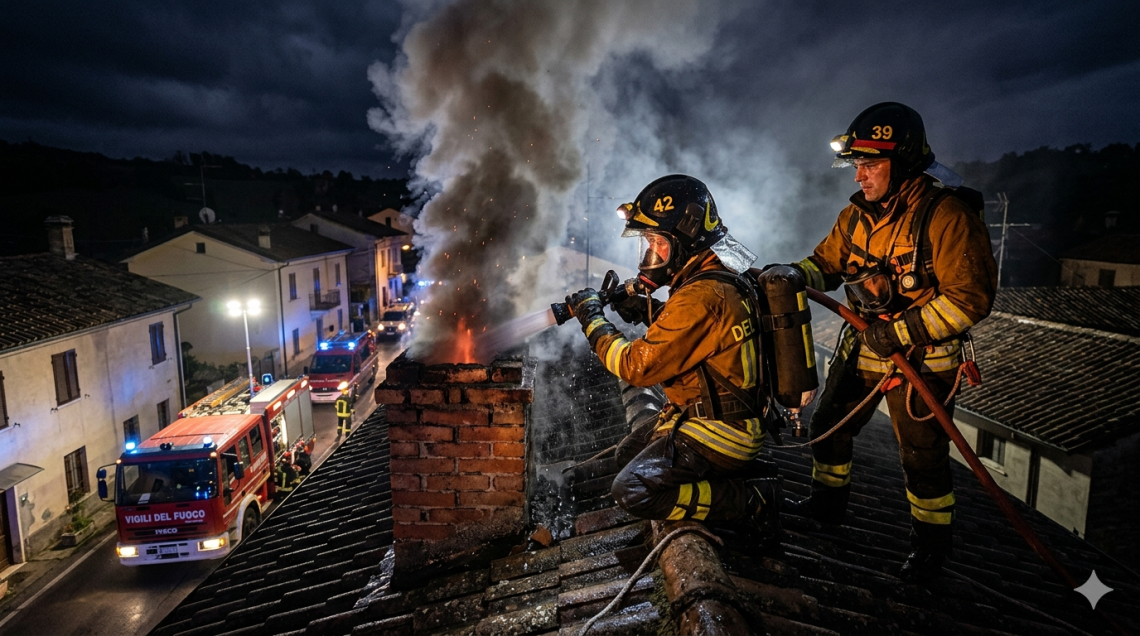 Canna fumaria a  fuoco nella notte: Vigili del fuoco al lavoro per domare le fiamme