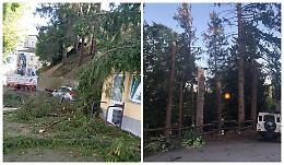 Raffiche di vento a Murazzano: alberi spezzati su una macchina e sul bagno pubblico