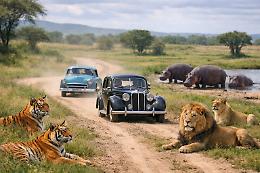 Un viaggio con le auto d&rsquo;epoca tra tigri, leoni e ippopotami