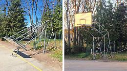 Il canestro torna al suo posto: prima danneggiato, poi riparato