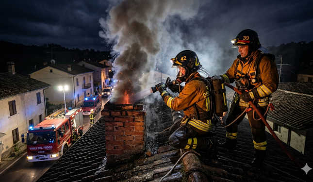 Canna fumaria a fuoco nella notte: Vigili del fuoco al lavoro per domare le fiamme