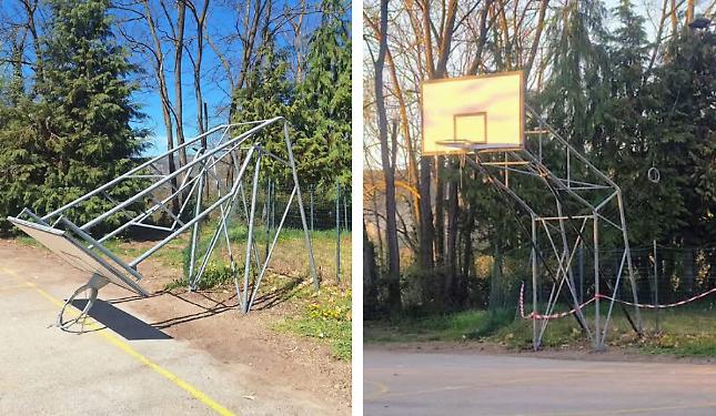 Il canestro torna al suo posto: prima danneggiato, poi riparato